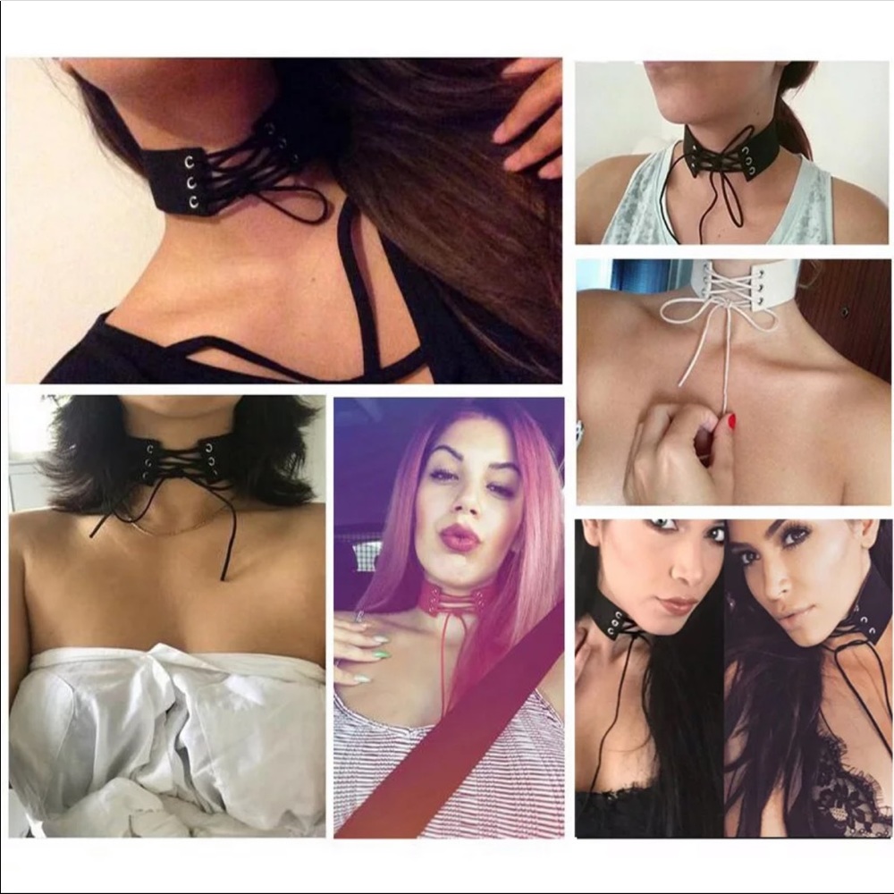 Black Lace Up Velvet Leather Choker Necklace - Picture 3 of 4